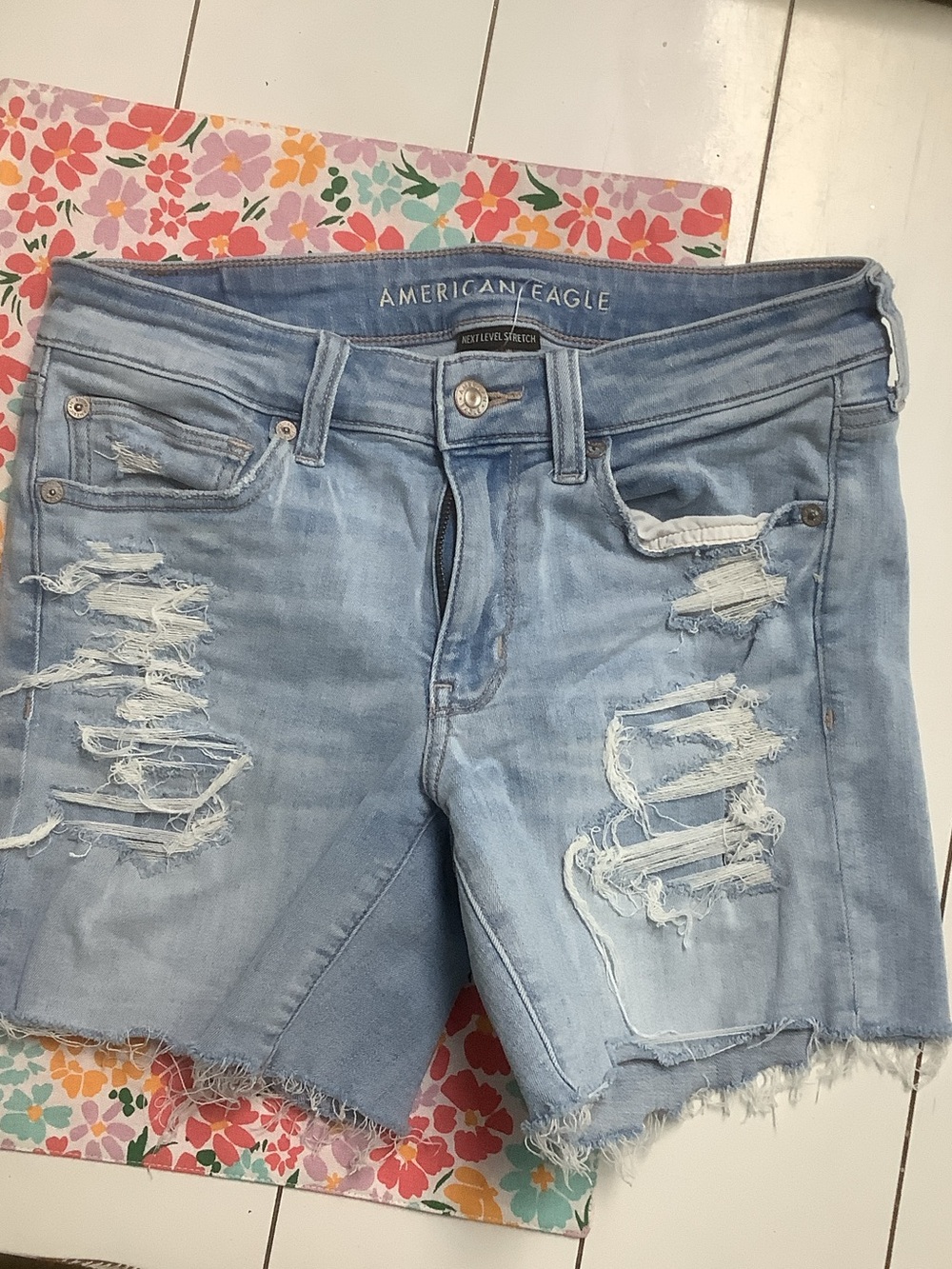 American Eagle Outfitters Light Blue Distressed Denim Ankle Shorts